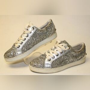 Jimmy Choo Glitter Low Top Trainers Sneakers In Silver Leather Size 39.5 US 9.5